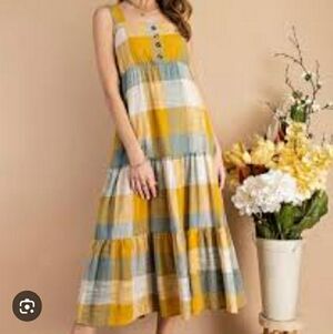 Easel Yellow plaid summer Tiered Midi Summer dress size S NWT